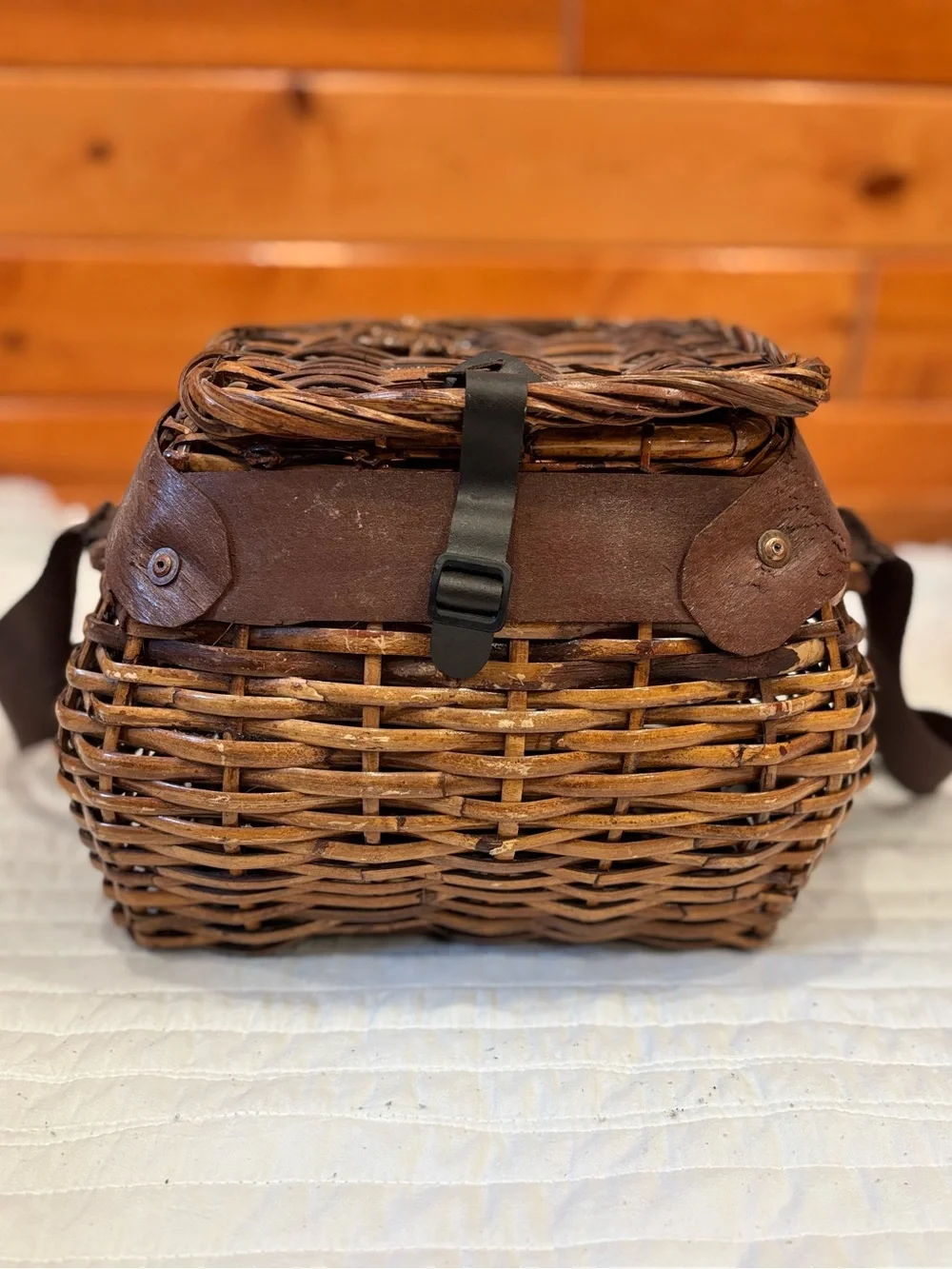 Vintage Wicker Fishing Creel Basket Leather Trim Shoulder Strap Cottagecore